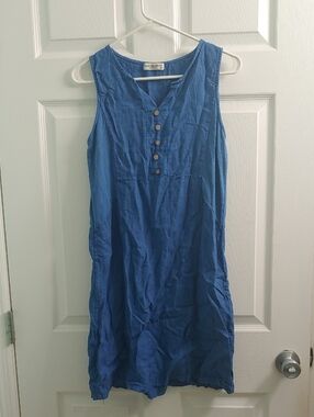 Blue Linen Dress Made In Italy Button Neckline Terzo Millennio Women's Size S